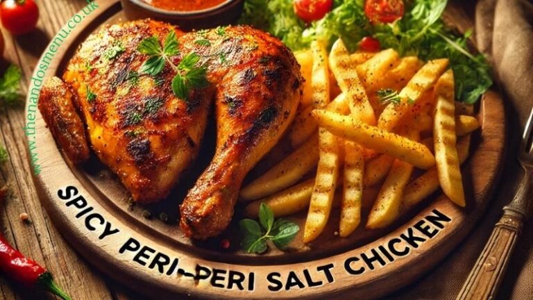 Spicy Peri-Peri Salt Chicken with a golden crust, served with fries, sauce, and salad, with text overlay at the top.