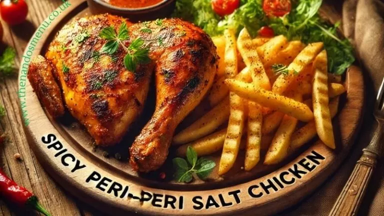 Spicy Peri-Peri Salt Chicken with a golden crust, served with fries, sauce, and salad, with text overlay at the top.