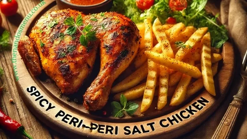 Spicy Peri-Peri Salt Chicken with a golden crust, served with fries, sauce, and salad, with text overlay at the top.