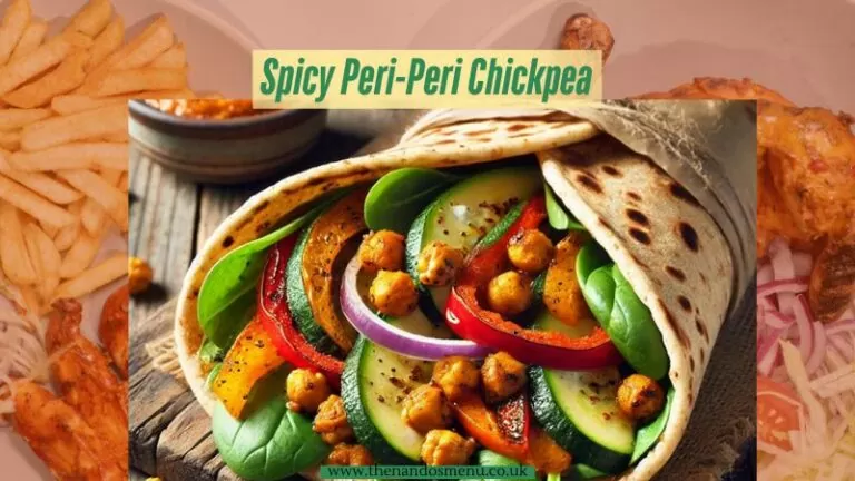 A vibrant Spicy Peri-Peri Chickpea & Roasted Veggie Wrap, filled with golden-brown chickpeas coated in a fiery peri-peri sauce, roasted bell peppers, zucchini, and red onions