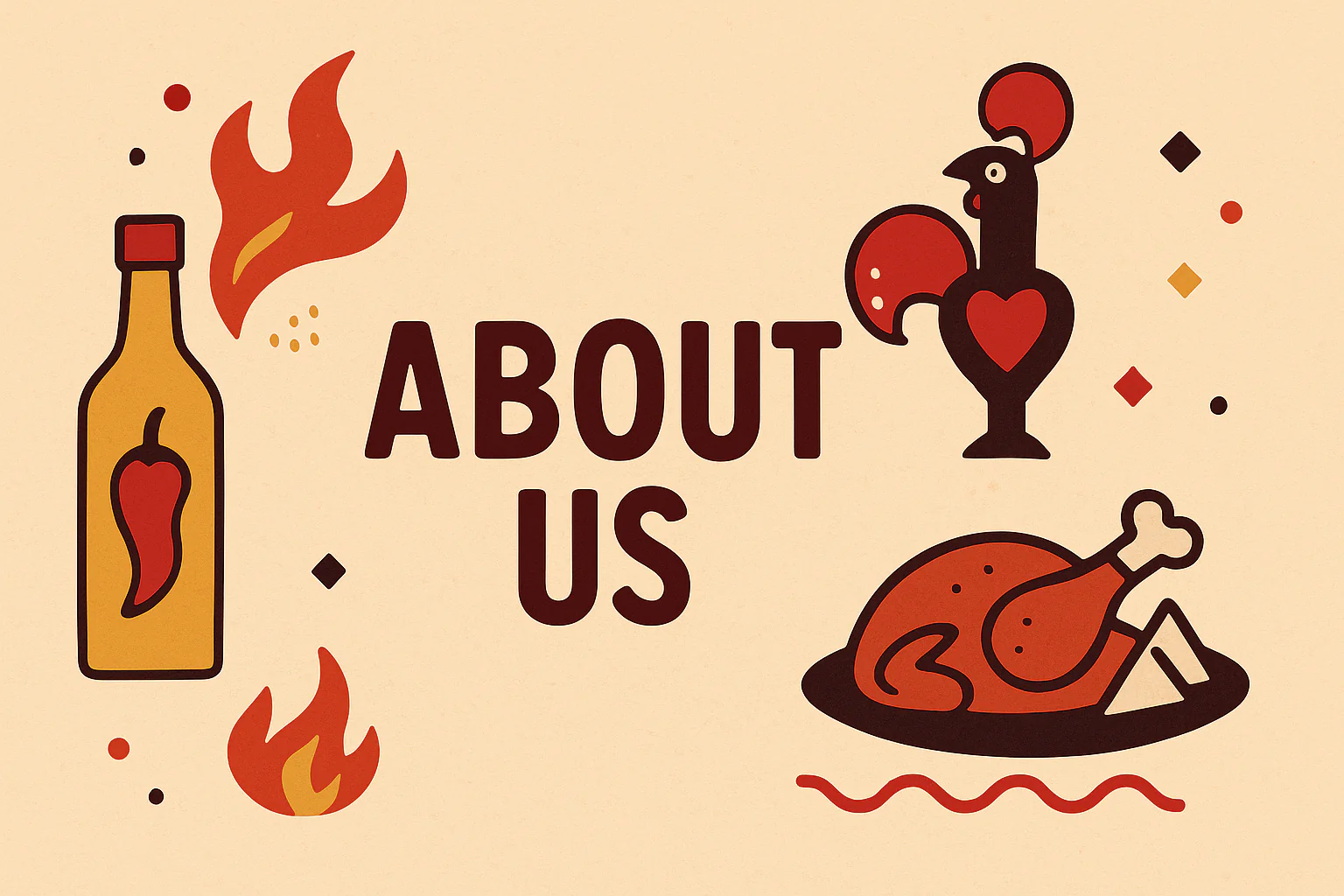 Illustration of peri-peri sauce, flame-grilled chicken, and Nando’s rooster with About Us title in bold