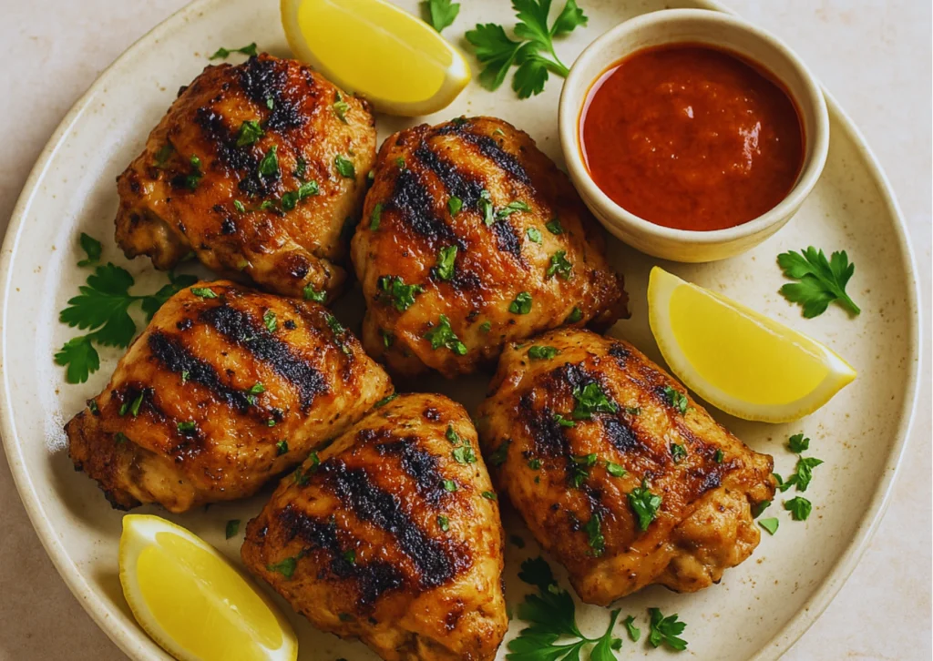 Grilled lemon and herb chicken thighs with charred edges, served with lemon wedges, herbs, and peri-peri dipping sauce on a rustic plate