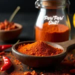 Bright red homemade peri-peri salt in a small bowl with chili peppers, garlic, lemon zest, and paprika around it on a dark background.