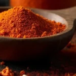 Bright red homemade peri-peri salt in a small bowl with chili peppers, garlic, lemon zest, and paprika around it on a dark background.