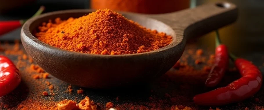 Bright red homemade peri-peri salt in a small bowl with chili peppers, garlic, lemon zest, and paprika around it on a dark background.