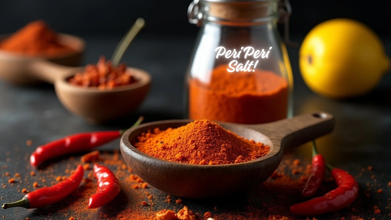 Bright red homemade peri-peri salt in a small bowl with chili peppers, garlic, lemon zest, and paprika around it on a dark background.